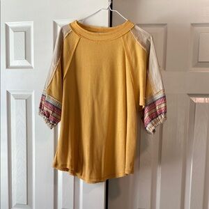 Gold Women's Top with Patterned Sleeves